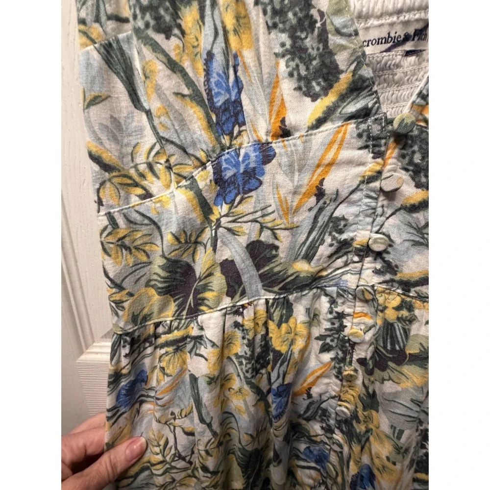Abercrombie & Fitch Tropical Floral Button Front Smocked Maxi Dress Yellow Blue